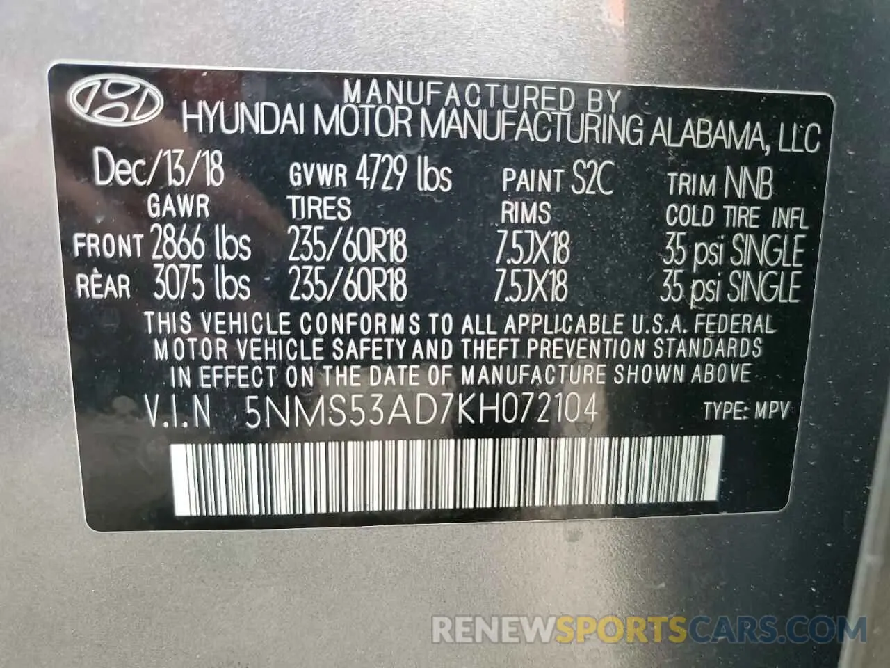 12 Photograph of a damaged car 5NMS53AD7KH072104 HYUNDAI SANTA FE 2019