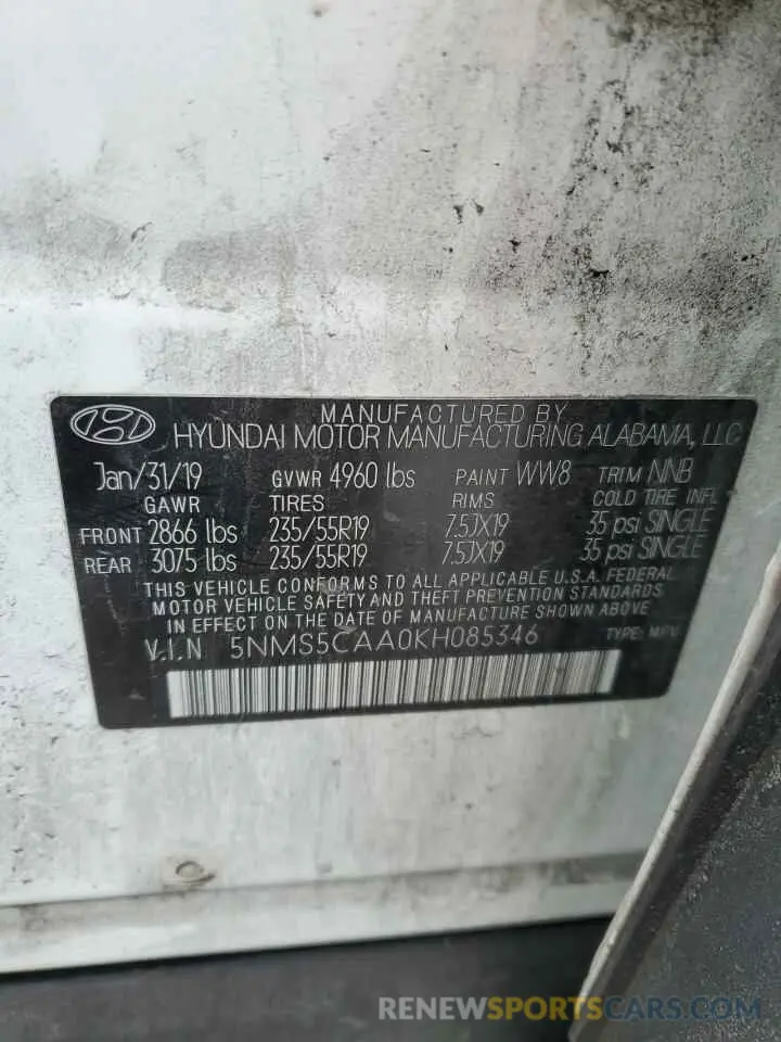 14 Photograph of a damaged car 5NMS5CAA0KH085346 HYUNDAI SANTA FE 2019