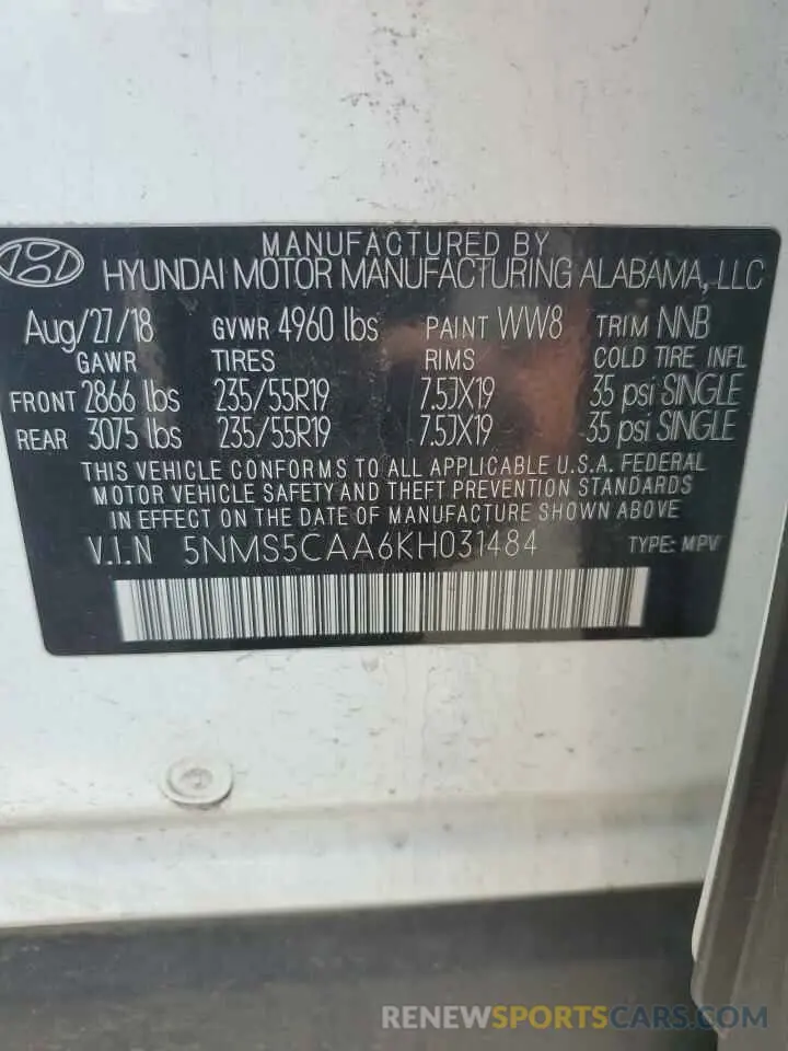 14 Photograph of a damaged car 5NMS5CAA6KH031484 HYUNDAI SANTA FE 2019