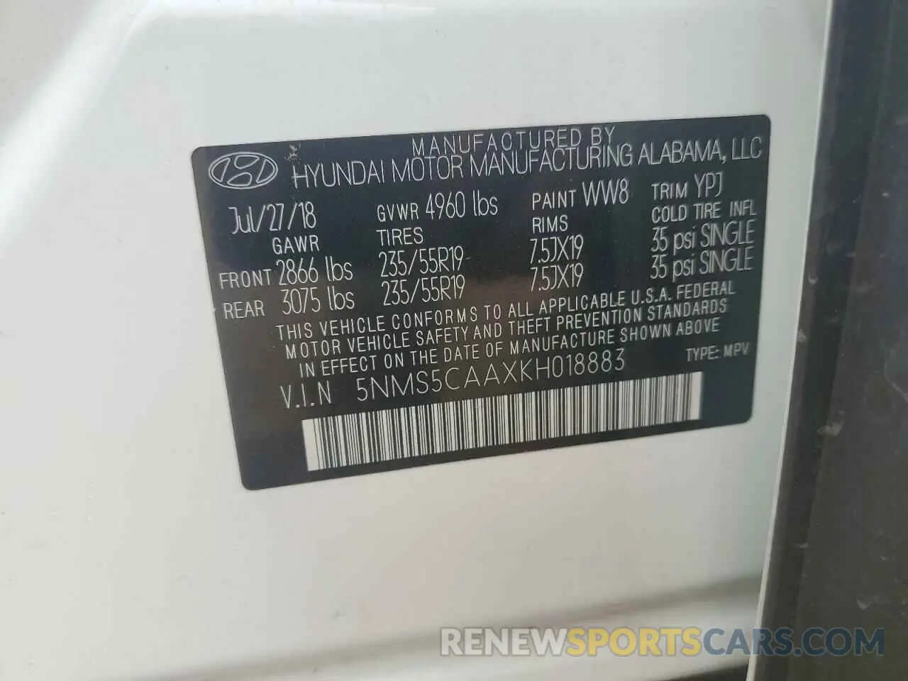 14 Photograph of a damaged car 5NMS5CAAXKH018883 HYUNDAI SANTA FE 2019