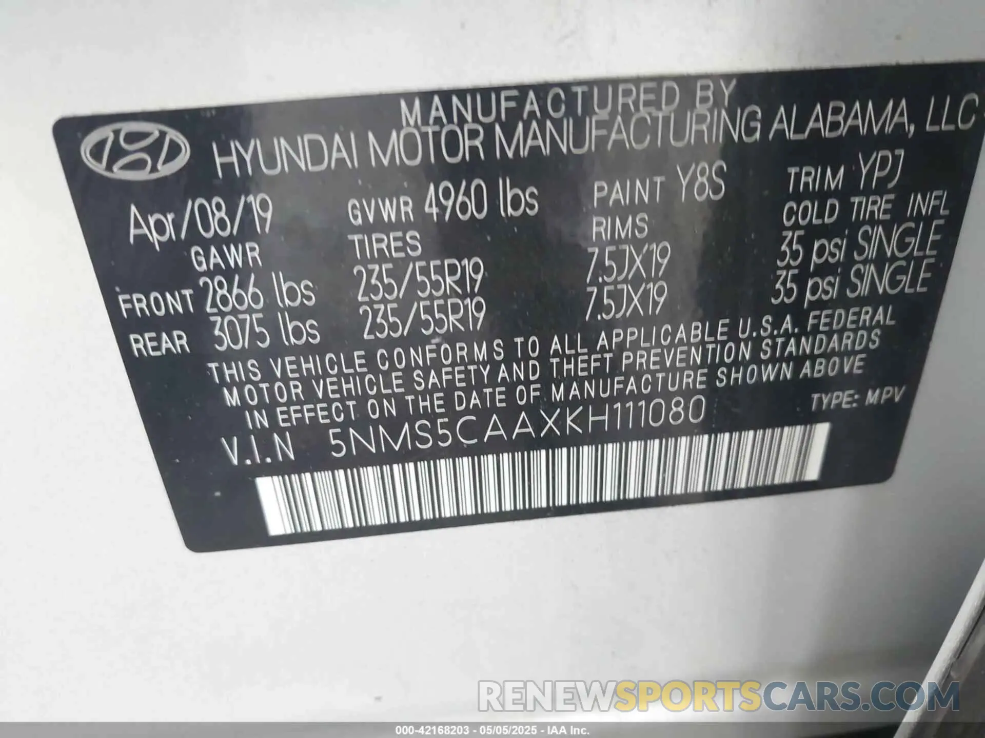 9 Photograph of a damaged car 5NMS5CAAXKH111080 HYUNDAI SANTA FE 2019