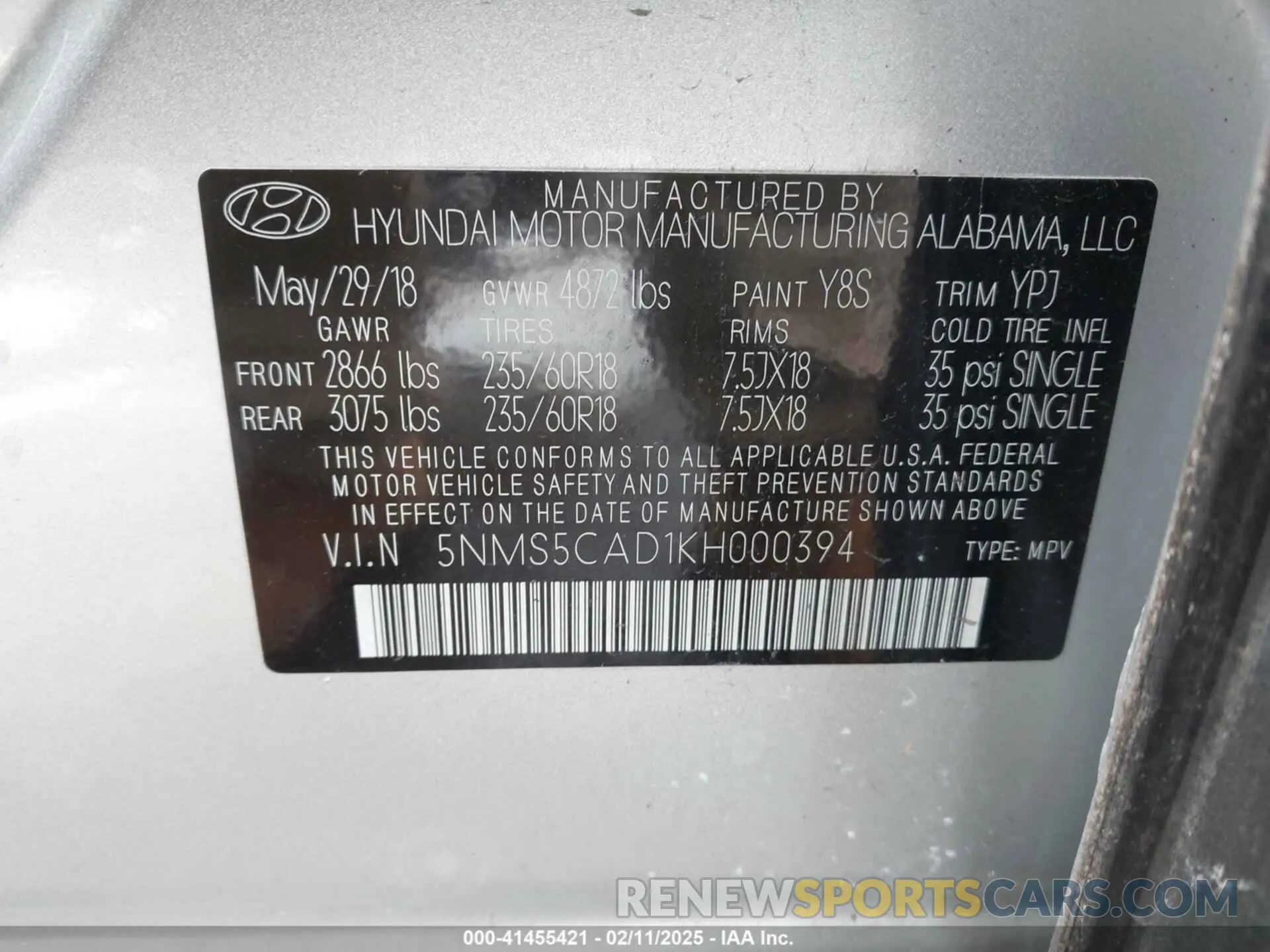 9 Photograph of a damaged car 5NMS5CAD1KH000394 HYUNDAI SANTA FE 2019