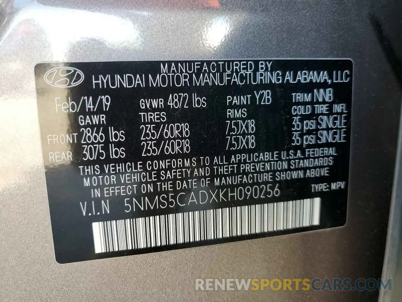 12 Photograph of a damaged car 5NMS5CADXKH090256 HYUNDAI SANTA FE 2019