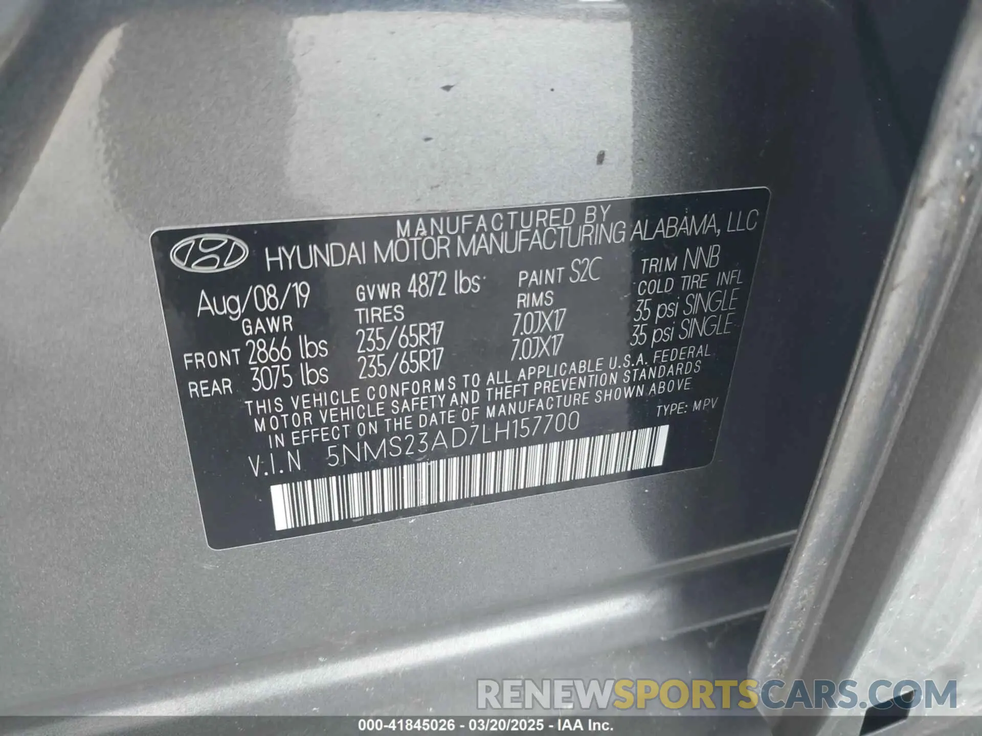 9 Photograph of a damaged car 5NMS23AD7LH157700 HYUNDAI SANTA FE 2020