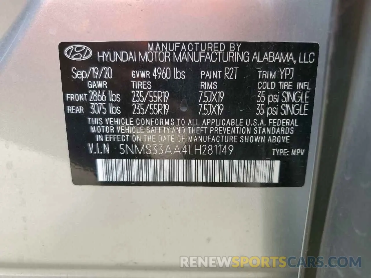 14 Photograph of a damaged car 5NMS33AA4LH281149 HYUNDAI SANTA FE 2020