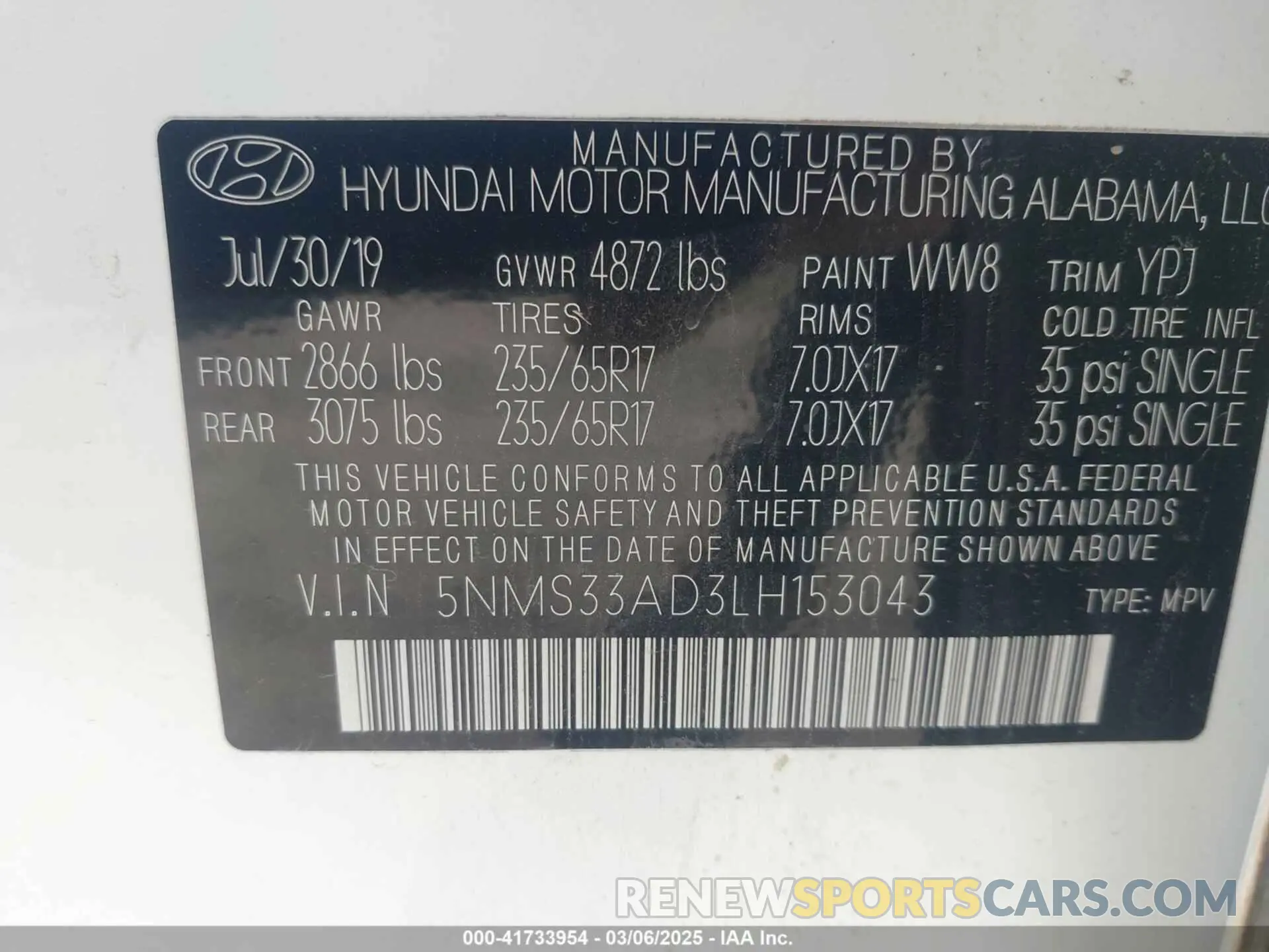 9 Photograph of a damaged car 5NMS33AD3LH153043 HYUNDAI SANTA FE 2020