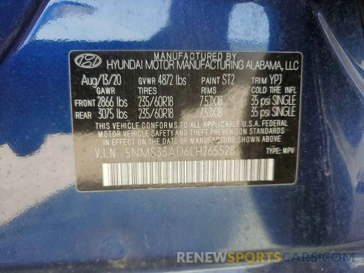 13 Photograph of a damaged car 5NMS33AD6LH265528 HYUNDAI SANTA FE 2020