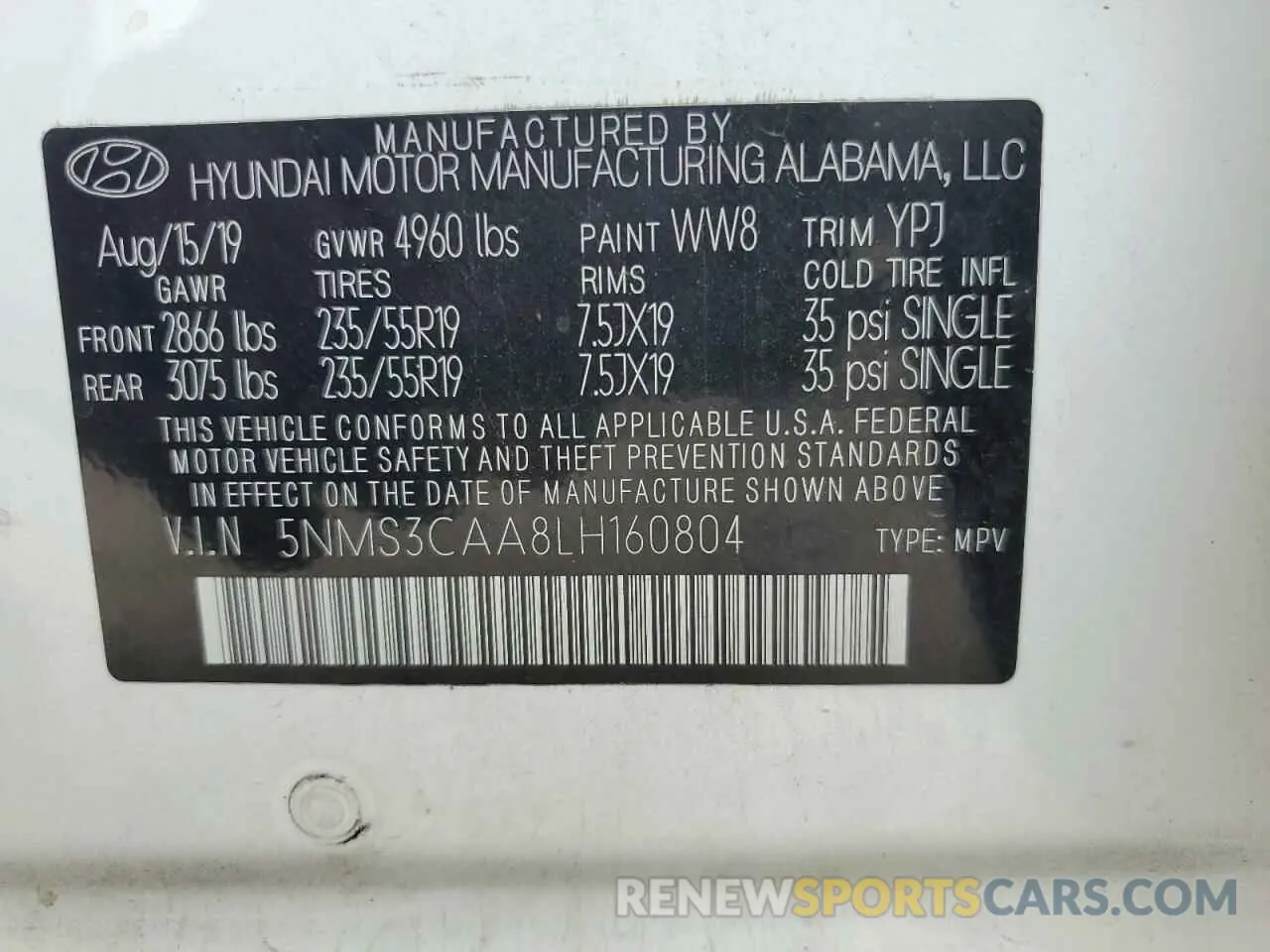 13 Photograph of a damaged car 5NMS3CAA8LH160804 HYUNDAI SANTA FE 2020