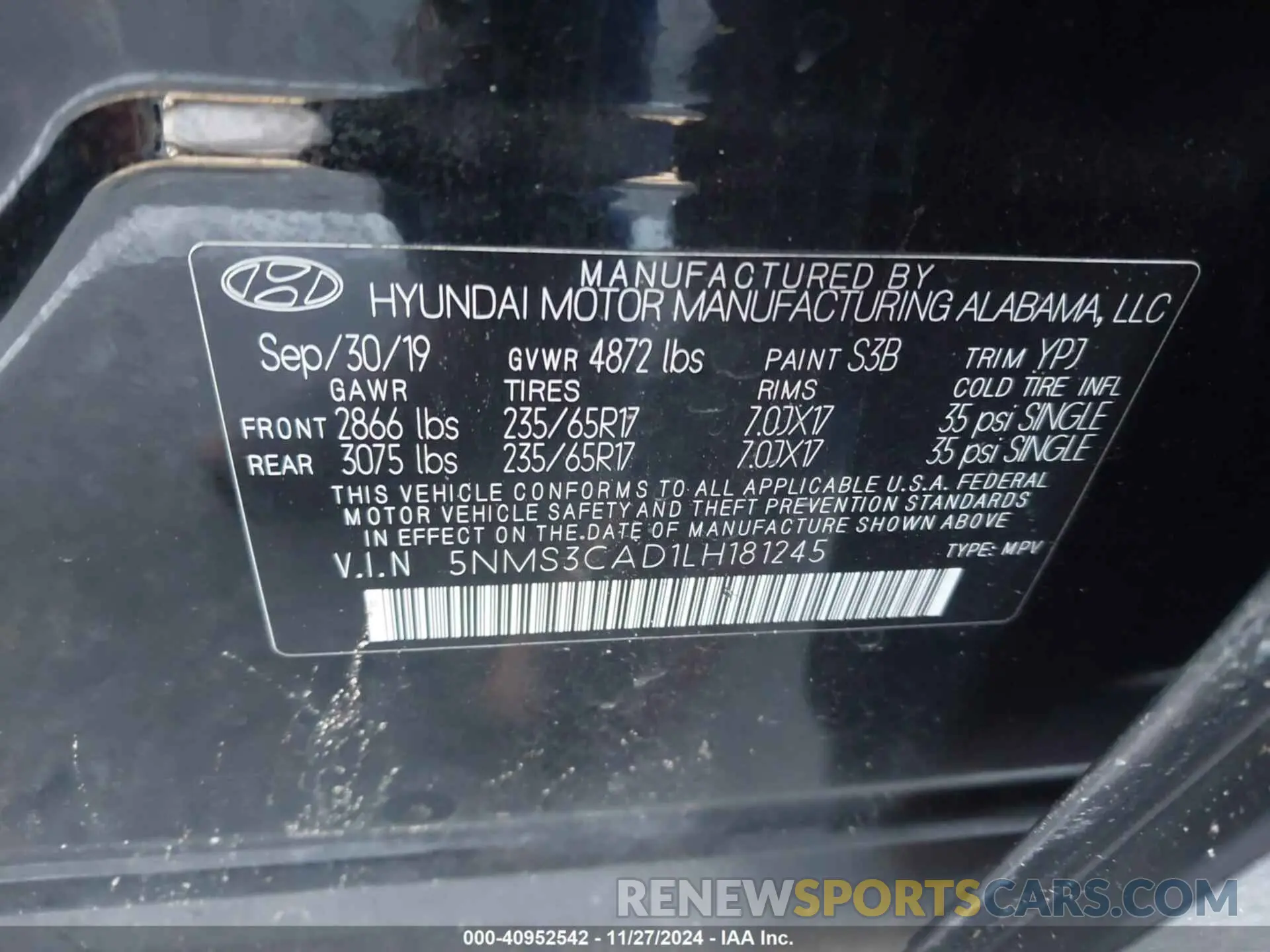 9 Фотография поврежденного автомобиля 5NMS3CAD1LH181245 HYUNDAI SANTA FE 2020