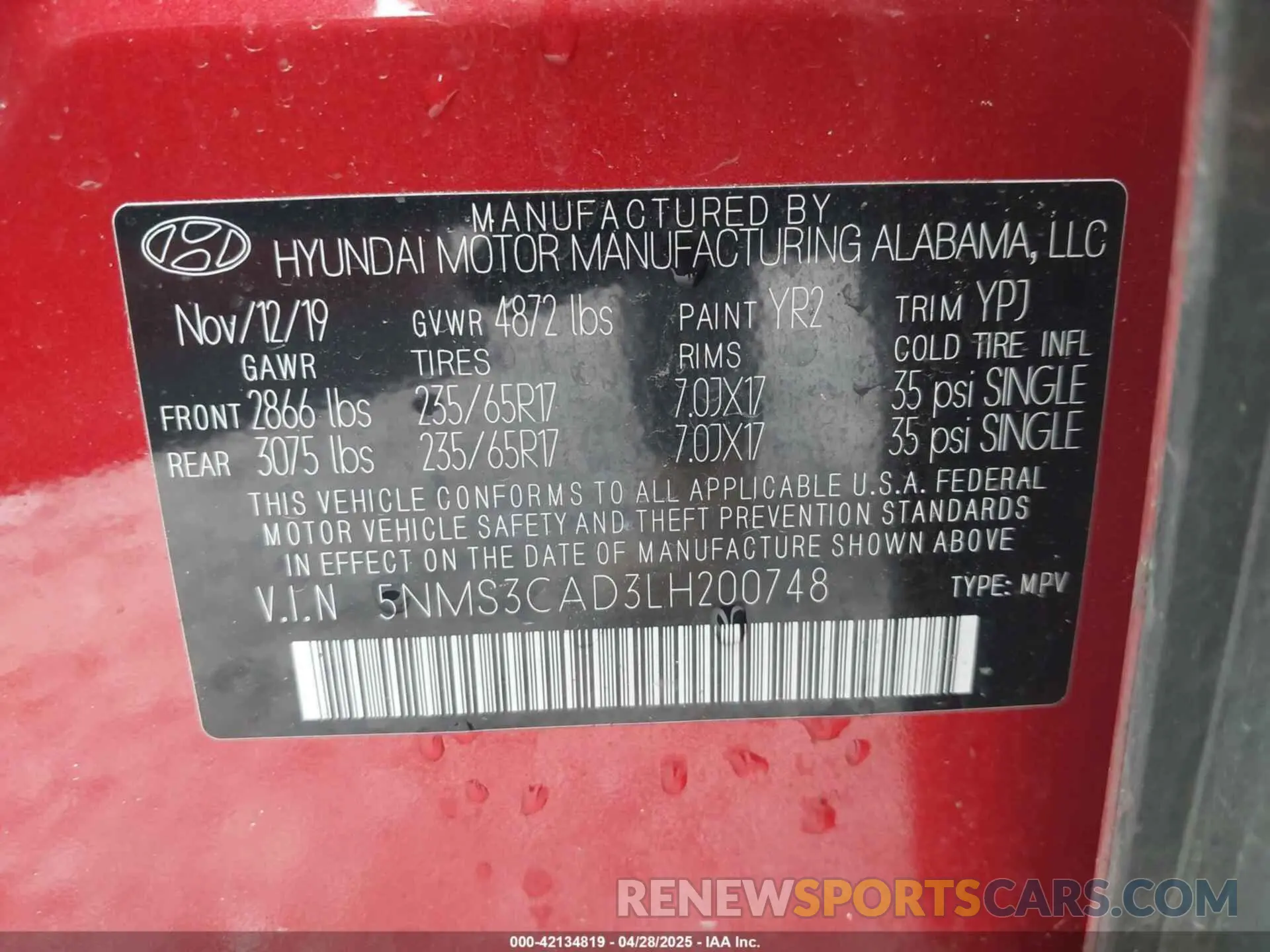 9 Photograph of a damaged car 5NMS3CAD3LH200748 HYUNDAI SANTA FE 2020