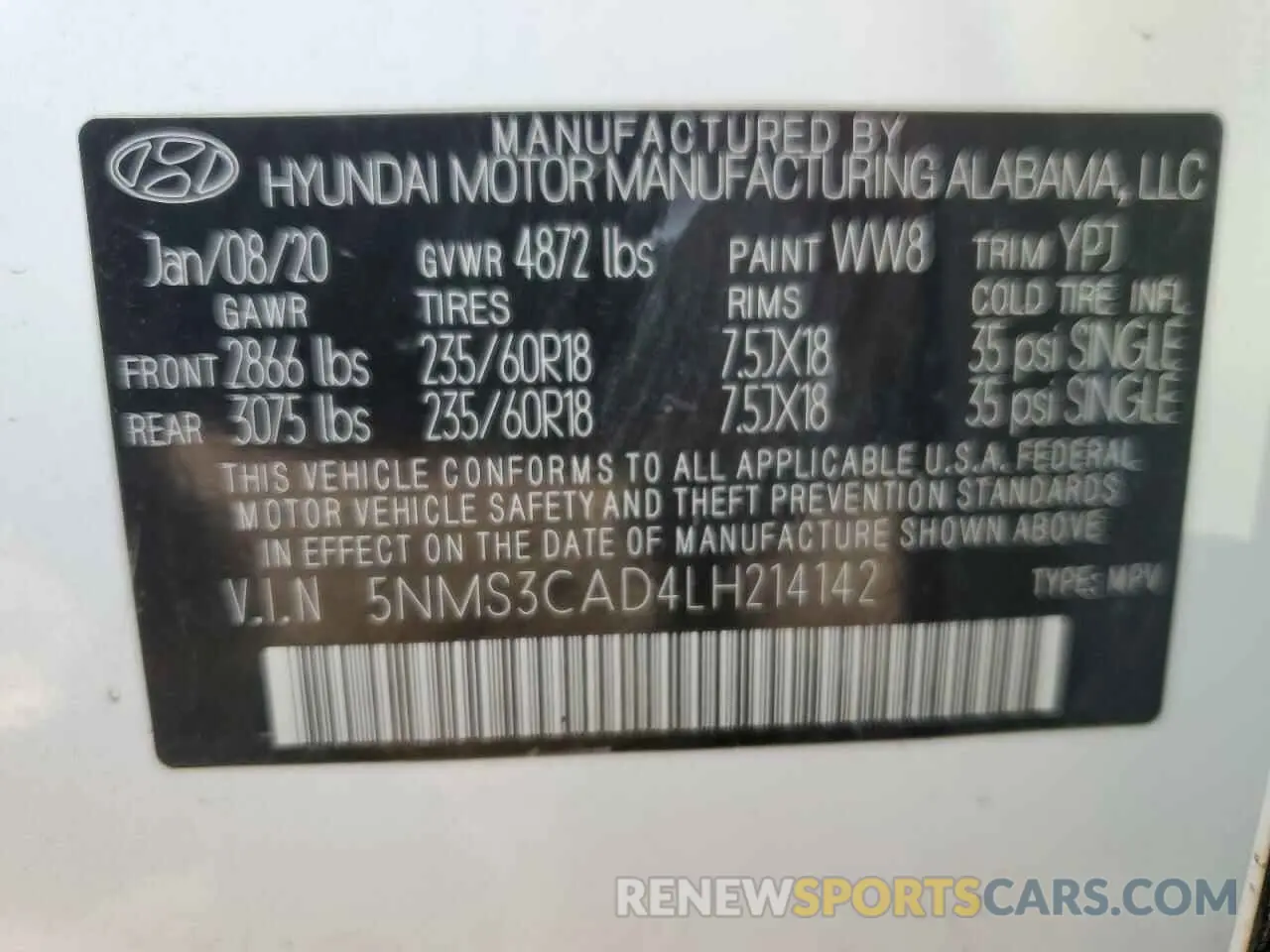13 Photograph of a damaged car 5NMS3CAD4LH214142 HYUNDAI SANTA FE 2020