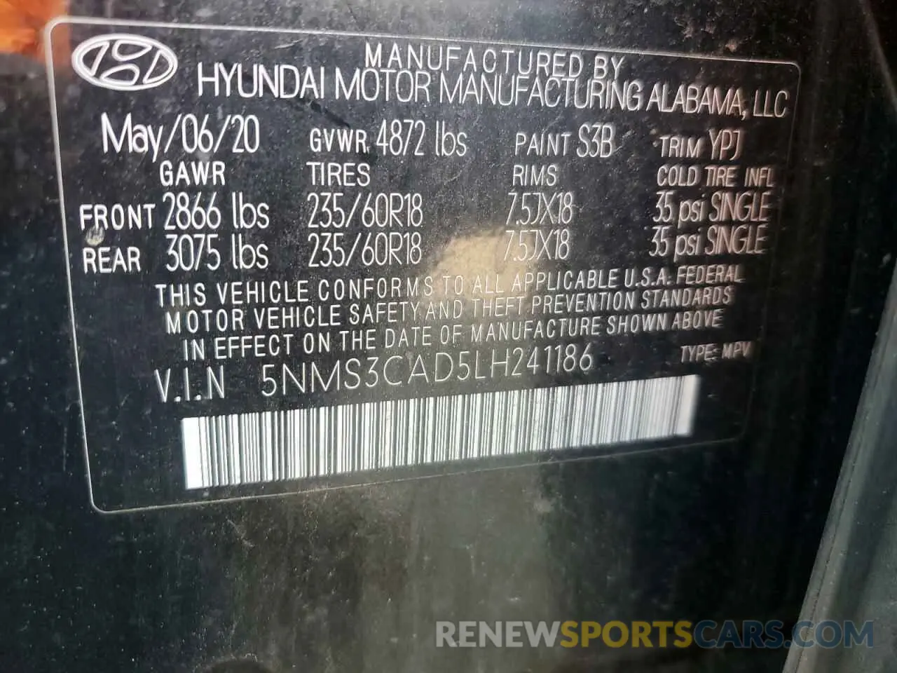 14 Photograph of a damaged car 5NMS3CAD5LH241186 HYUNDAI SANTA FE 2020