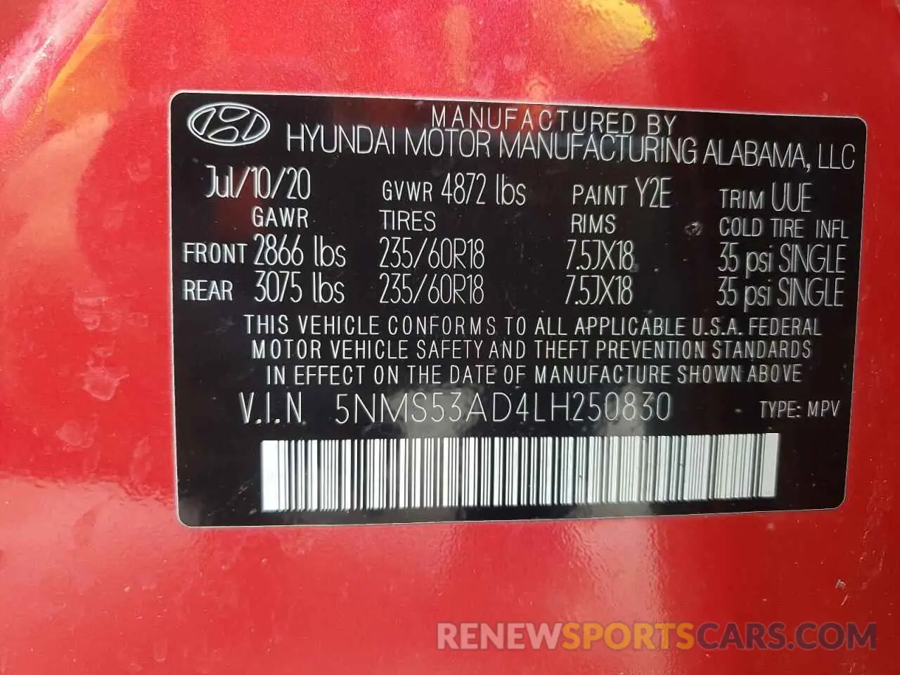 14 Photograph of a damaged car 5NMS53AD4LH250830 HYUNDAI SANTA FE 2020
