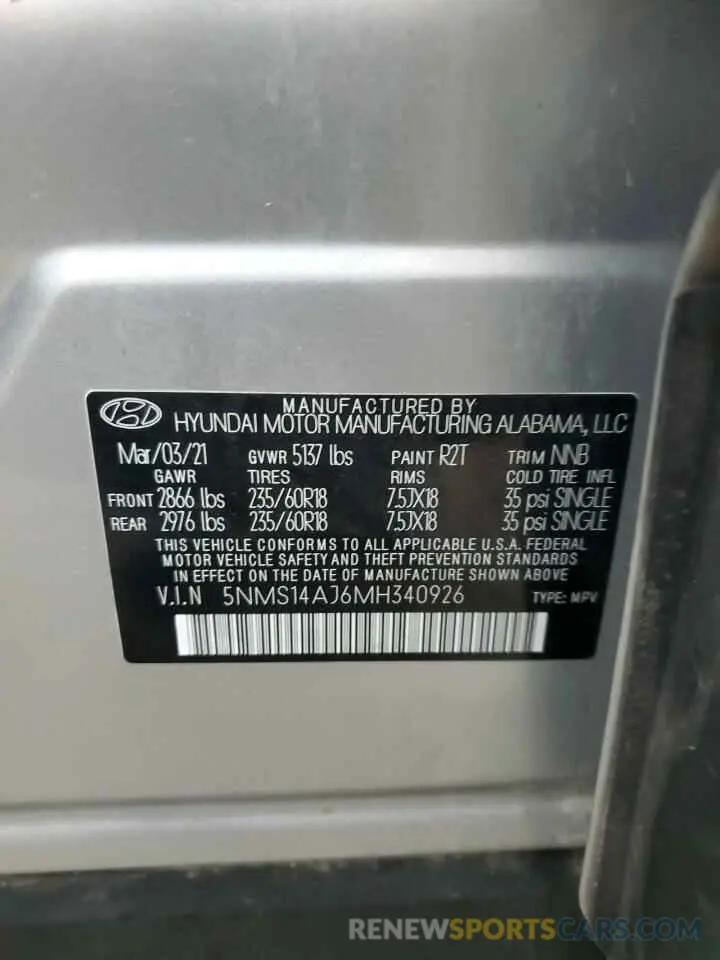 14 Photograph of a damaged car 5NMS14AJ6MH340926 HYUNDAI SANTA FE 2021