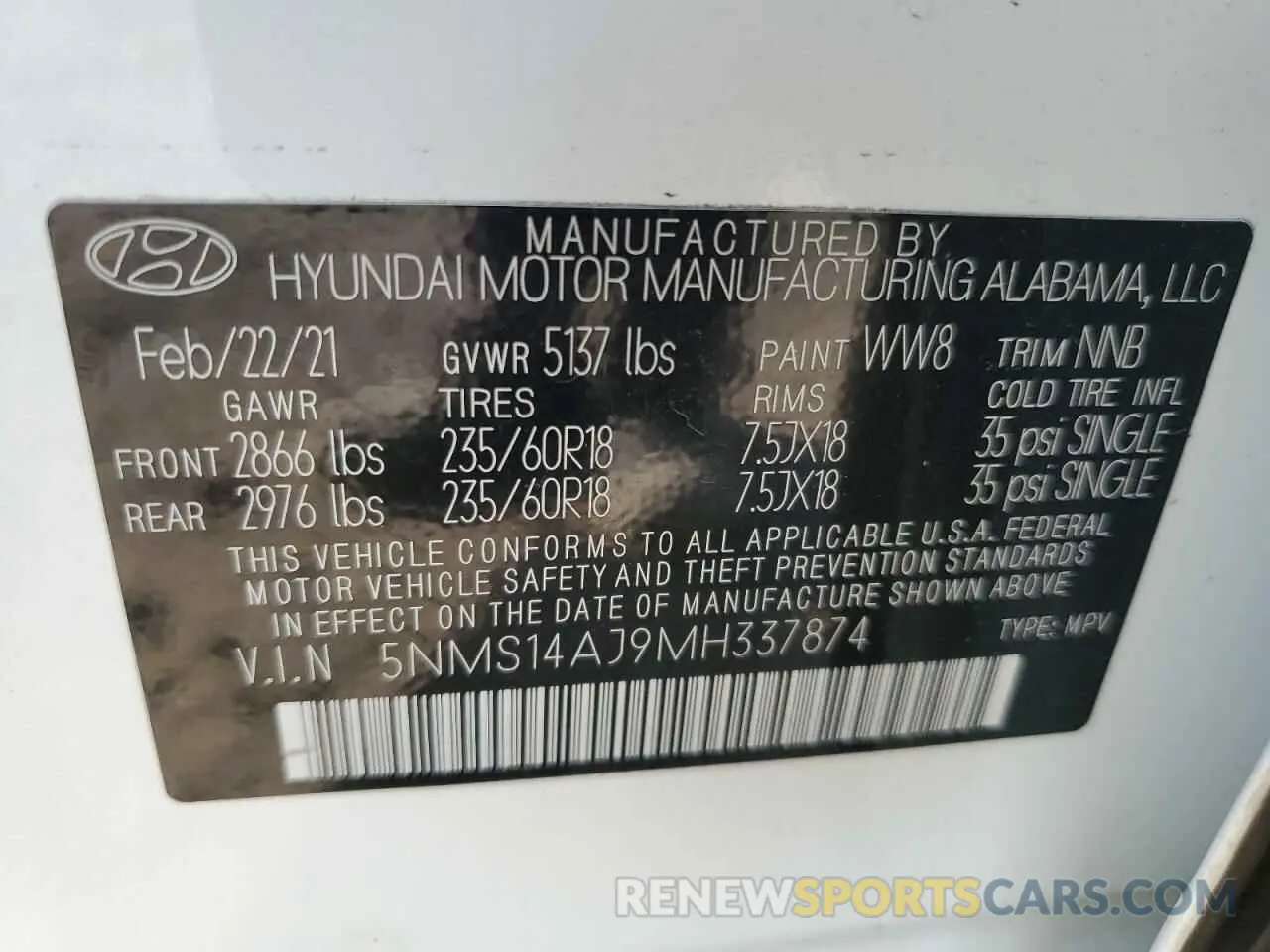 14 Photograph of a damaged car 5NMS14AJ9MH337874 HYUNDAI SANTA FE 2021