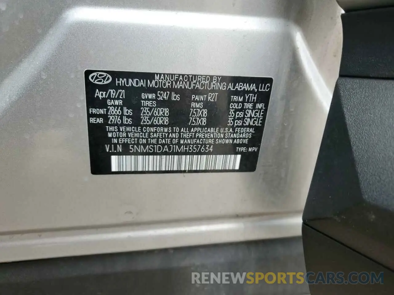 14 Фотография поврежденного автомобиля 5NMS1DAJ1MH357634 HYUNDAI SANTA FE 2021