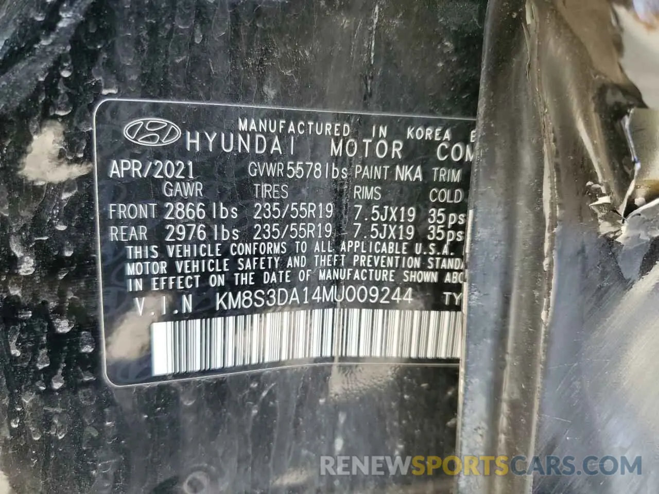 13 Photograph of a damaged car KM8S3DA14MU009244 HYUNDAI SANTA FE 2021