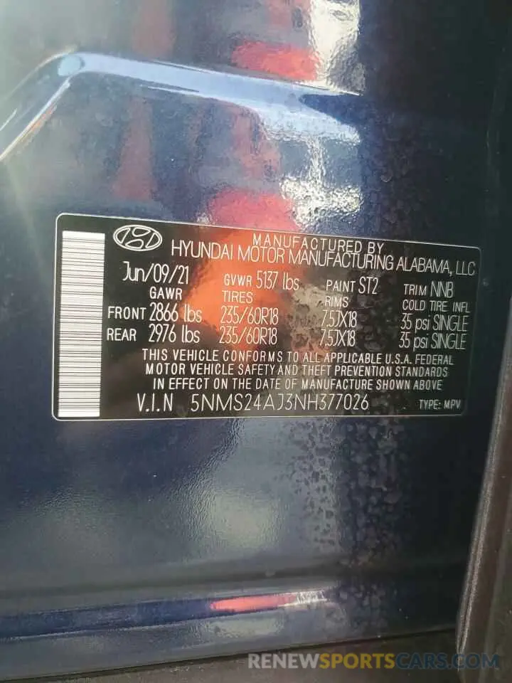 13 Photograph of a damaged car 5NMS24AJ3NH377026 HYUNDAI SANTA FE 2022