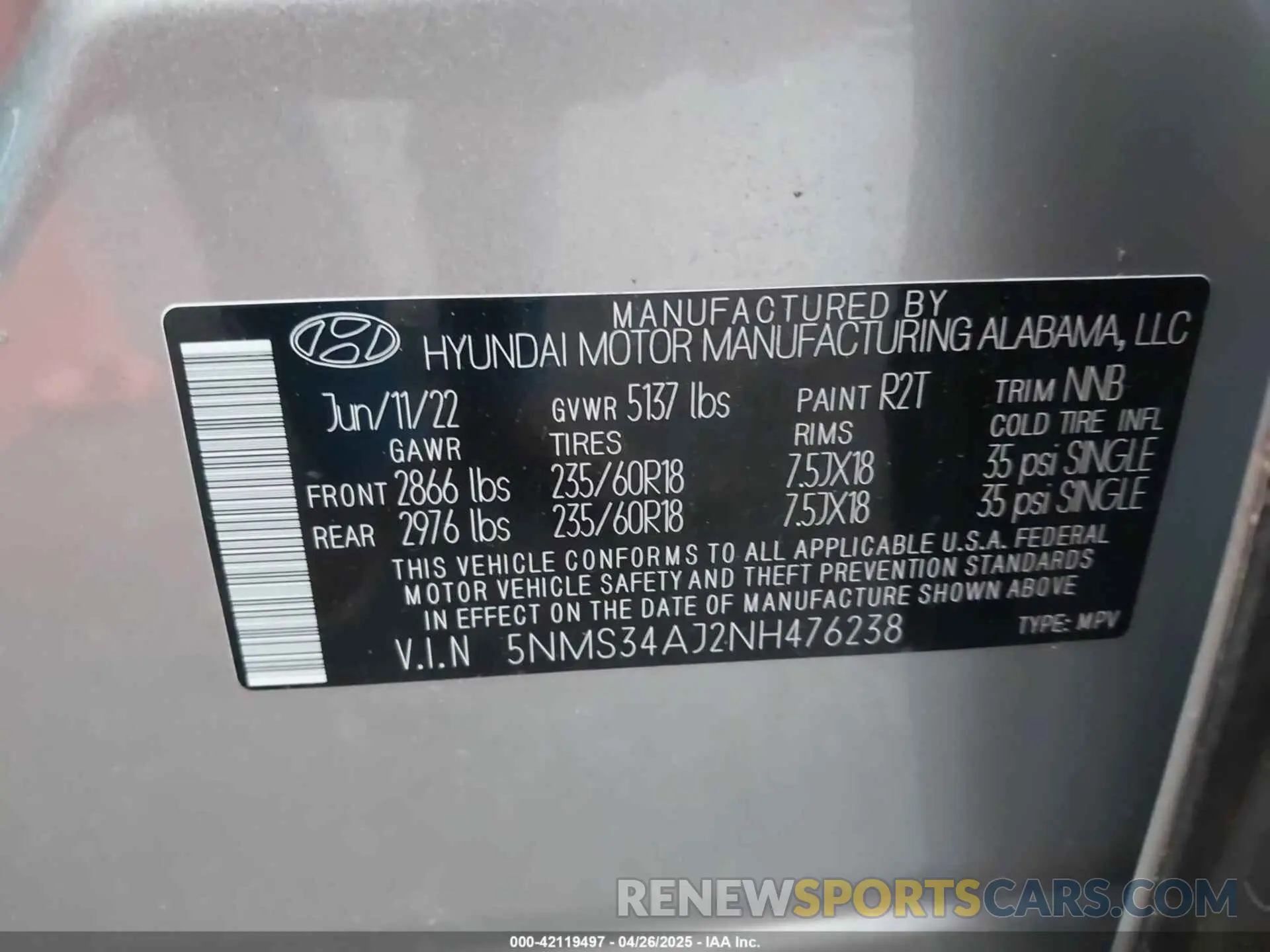 9 Фотография поврежденного автомобиля 5NMS34AJ2NH476238 HYUNDAI SANTA FE 2022