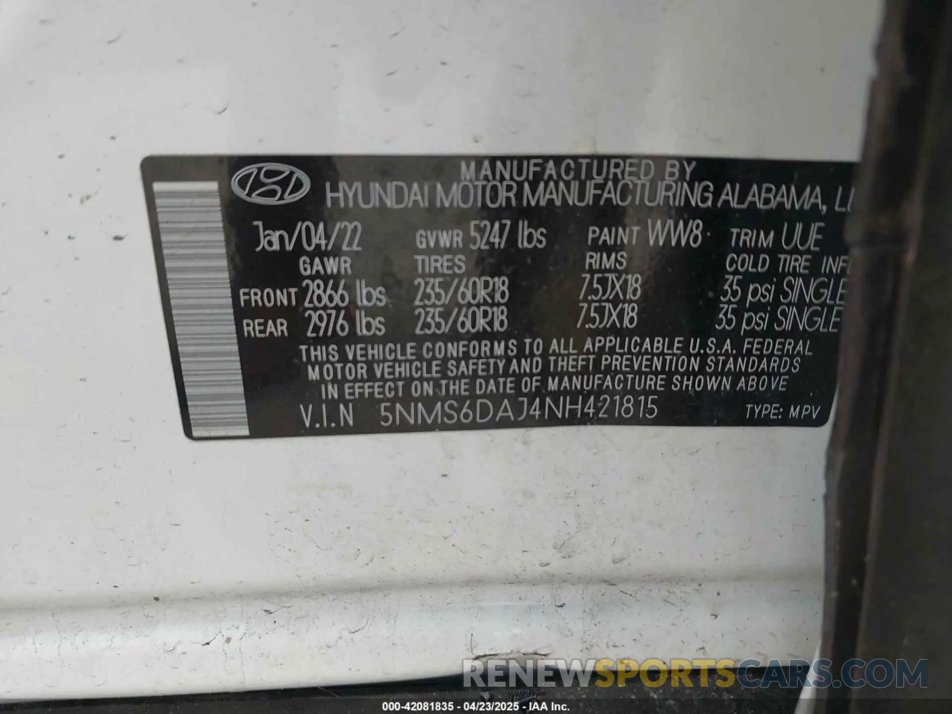 9 Фотография поврежденного автомобиля 5NMS6DAJ4NH421815 HYUNDAI SANTA FE 2022