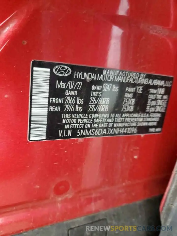 13 Фотография поврежденного автомобиля 5NMS6DAJXNH441096 HYUNDAI SANTA FE 2022