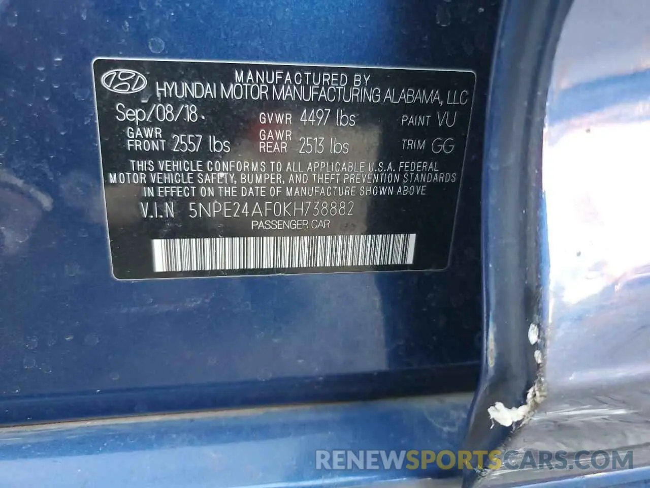 12 Фотография поврежденного автомобиля 5NPE24AF0KH738882 HYUNDAI SONATA 2019