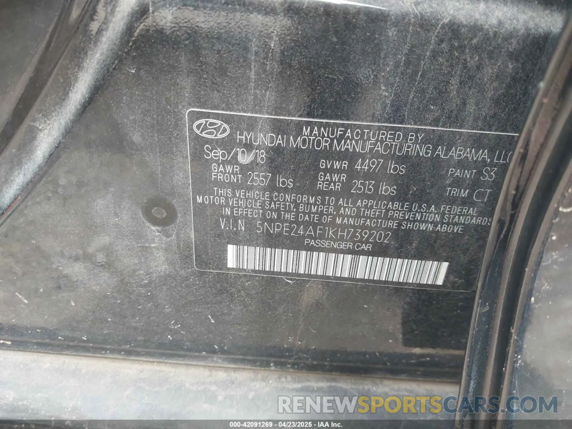 9 Фотография поврежденного автомобиля 5NPE24AF1KH739202 HYUNDAI SONATA 2019