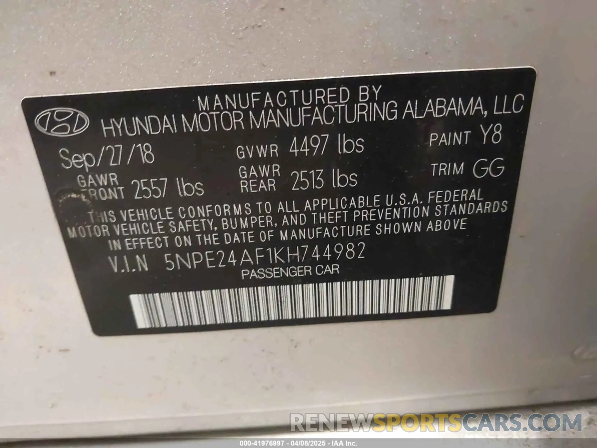 9 Фотография поврежденного автомобиля 5NPE24AF1KH744982 HYUNDAI SONATA 2019