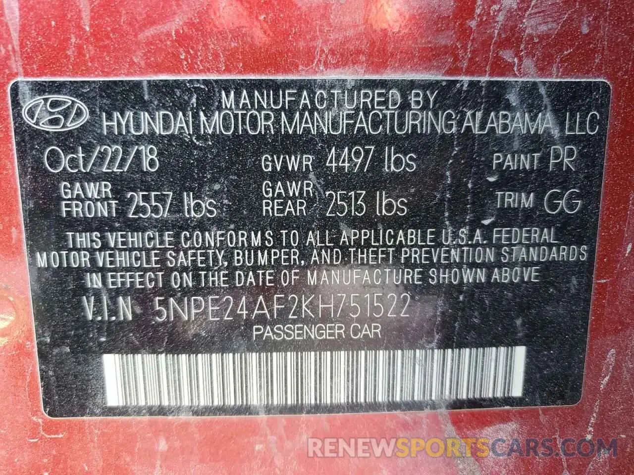 13 Фотография поврежденного автомобиля 5NPE24AF2KH751522 HYUNDAI SONATA 2019