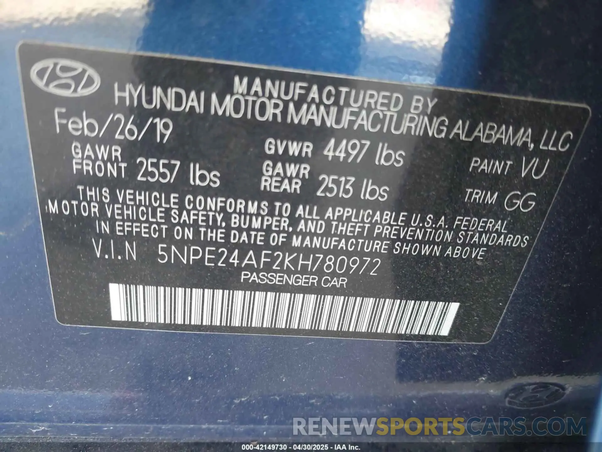 9 Фотография поврежденного автомобиля 5NPE24AF2KH780972 HYUNDAI SONATA 2019