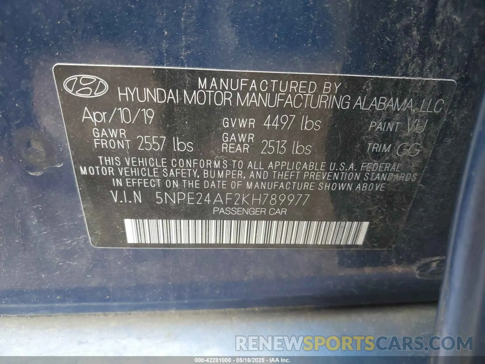 9 Фотография поврежденного автомобиля 5NPE24AF2KH789977 HYUNDAI SONATA 2019