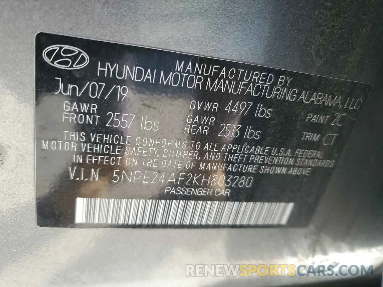 12 Photograph of a damaged car 5NPE24AF2KH803280 HYUNDAI SONATA 2019
