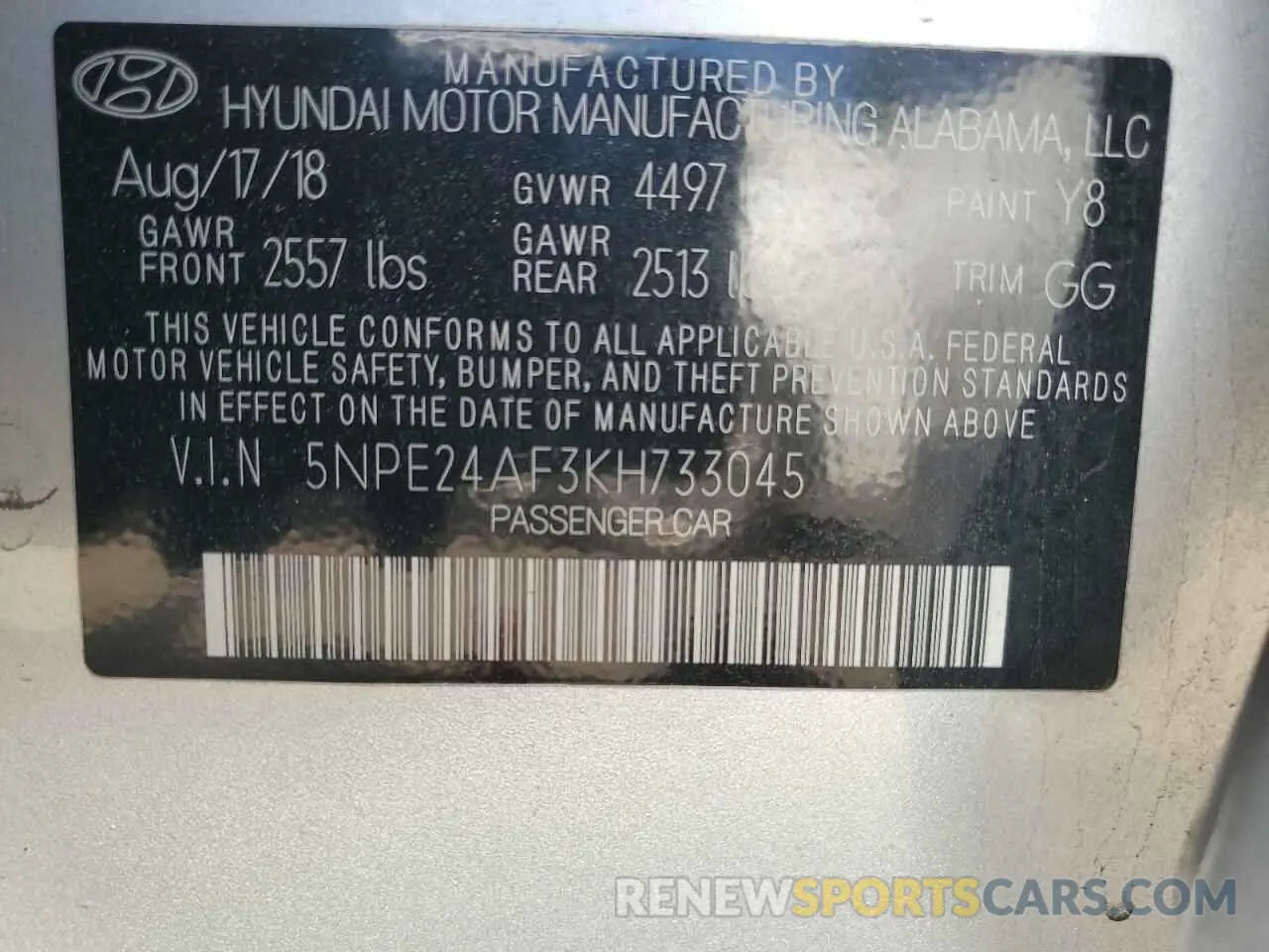 12 Photograph of a damaged car 5NPE24AF3KH733045 HYUNDAI SONATA 2019