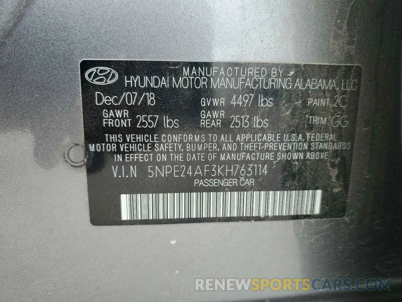 13 Photograph of a damaged car 5NPE24AF3KH763114 HYUNDAI SONATA 2019