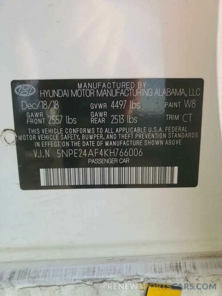 12 Photograph of a damaged car 5NPE24AF4KH766006 HYUNDAI SONATA 2019