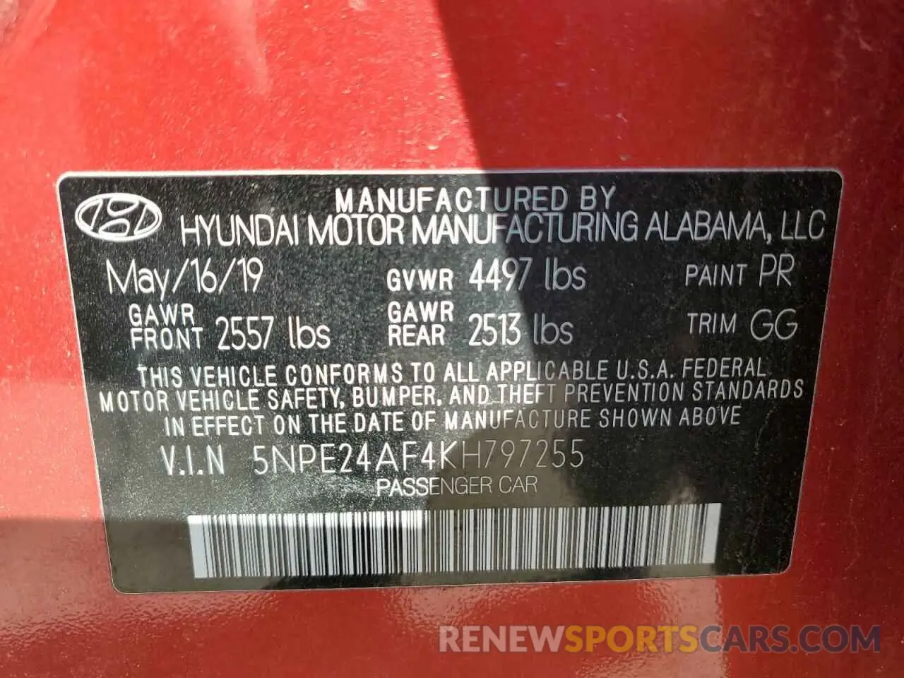 13 Photograph of a damaged car 5NPE24AF4KH797255 HYUNDAI SONATA 2019