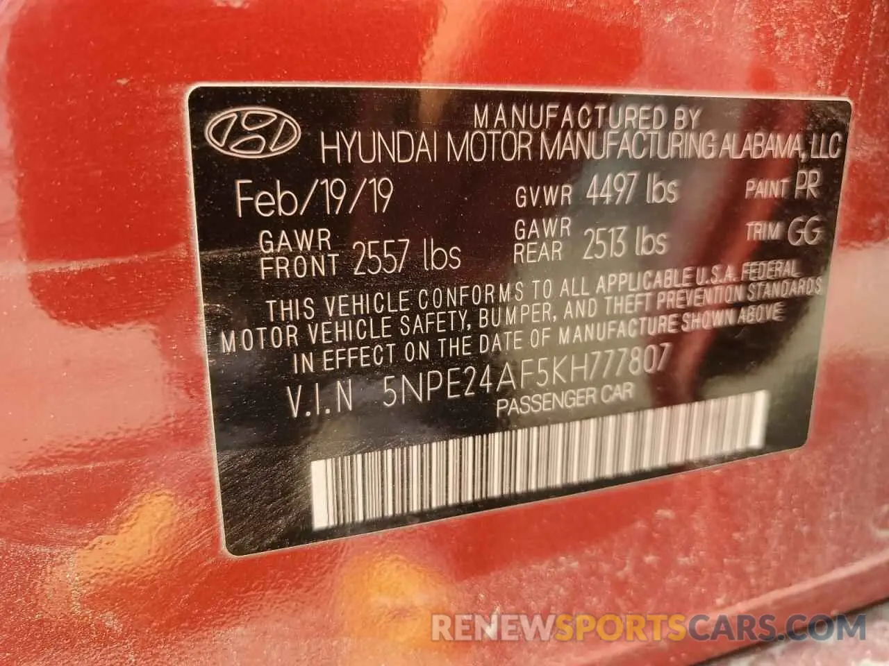 12 Фотография поврежденного автомобиля 5NPE24AF5KH777807 HYUNDAI SONATA 2019