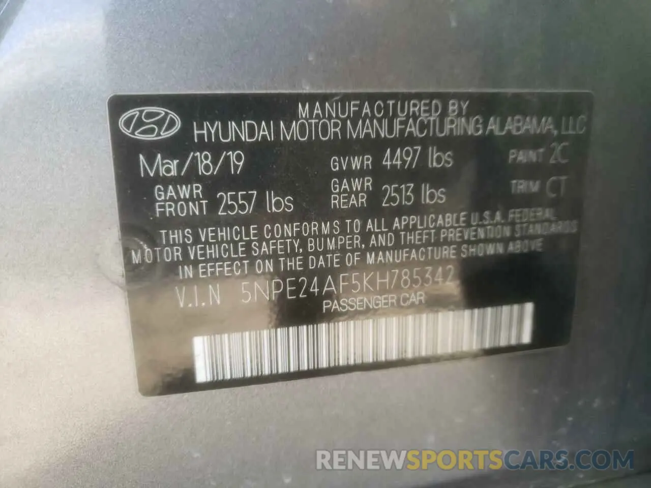 12 Photograph of a damaged car 5NPE24AF5KH785342 HYUNDAI SONATA 2019