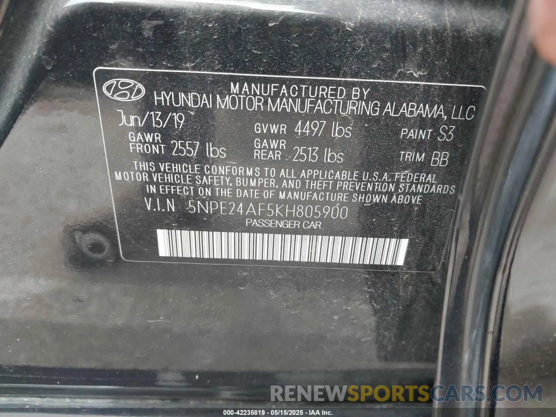 9 Фотография поврежденного автомобиля 5NPE24AF5KH805900 HYUNDAI SONATA 2019