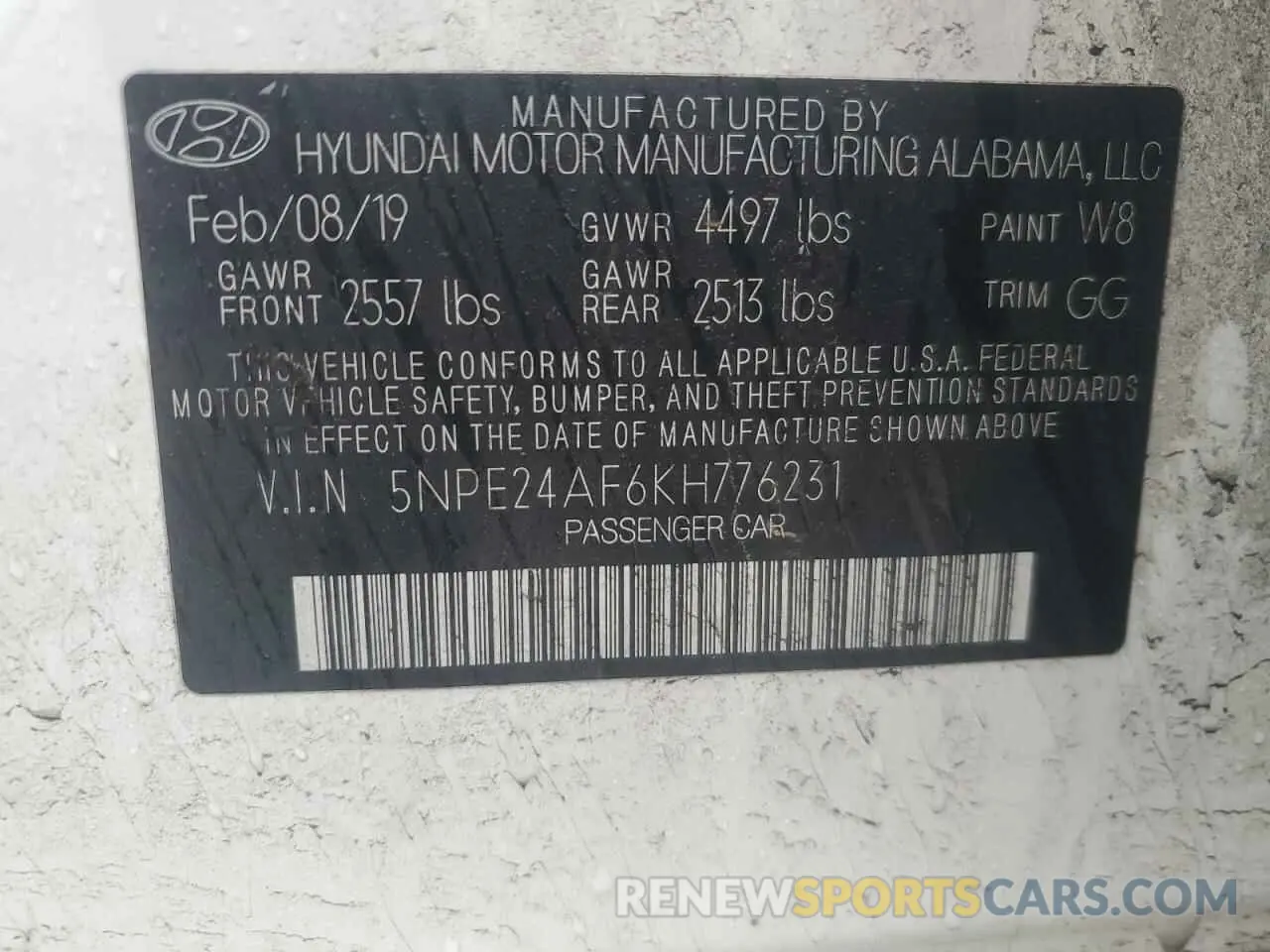 14 Photograph of a damaged car 5NPE24AF6KH776231 HYUNDAI SONATA 2019