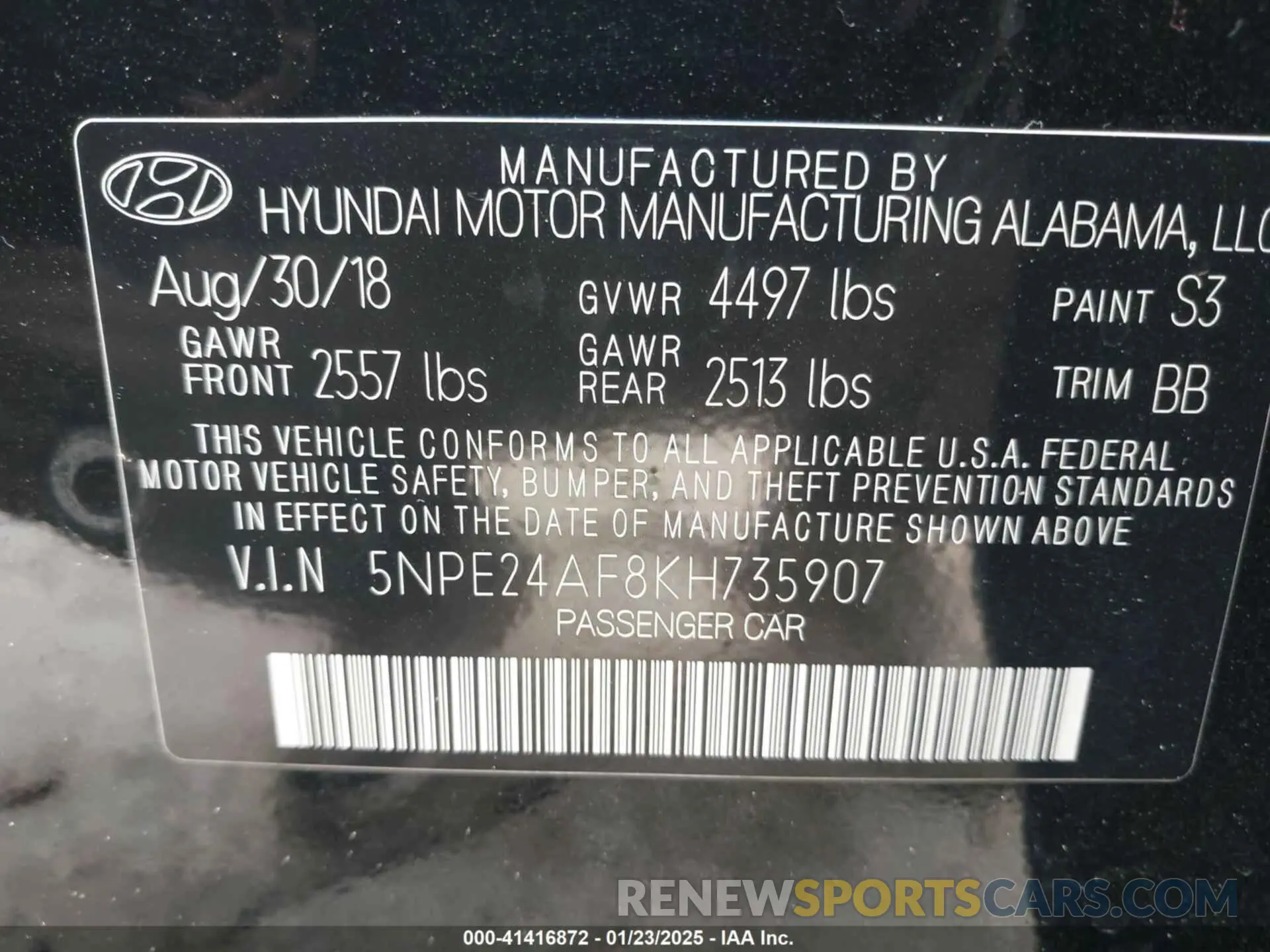 9 Фотография поврежденного автомобиля 5NPE24AF8KH735907 HYUNDAI SONATA 2019