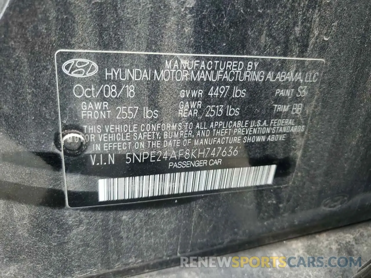 14 Photograph of a damaged car 5NPE24AF8KH747636 HYUNDAI SONATA 2019