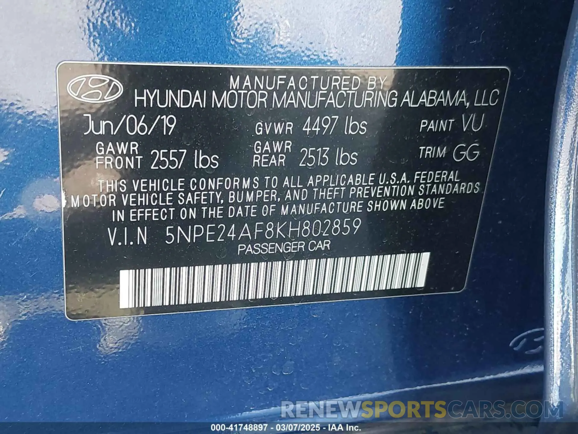 9 Photograph of a damaged car 5NPE24AF8KH802859 HYUNDAI SONATA 2019