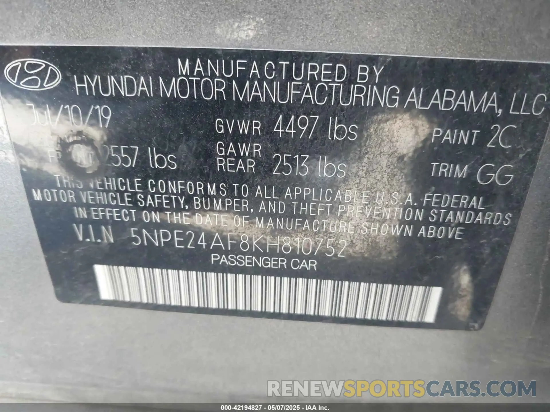 9 Фотография поврежденного автомобиля 5NPE24AF8KH810752 HYUNDAI SONATA 2019