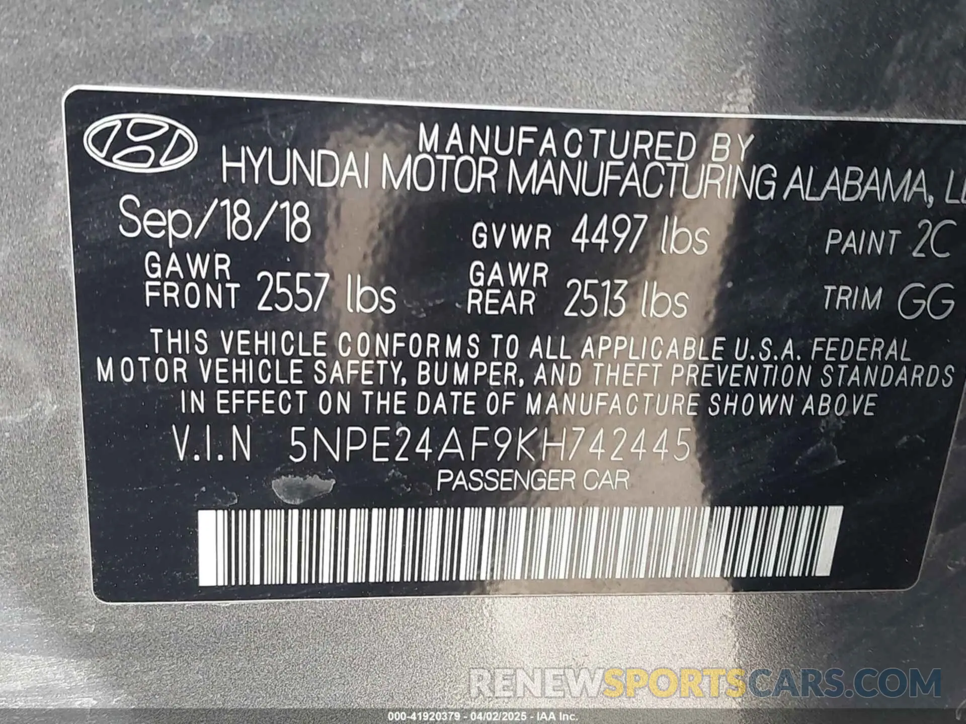 9 Фотография поврежденного автомобиля 5NPE24AF9KH742445 HYUNDAI SONATA 2019