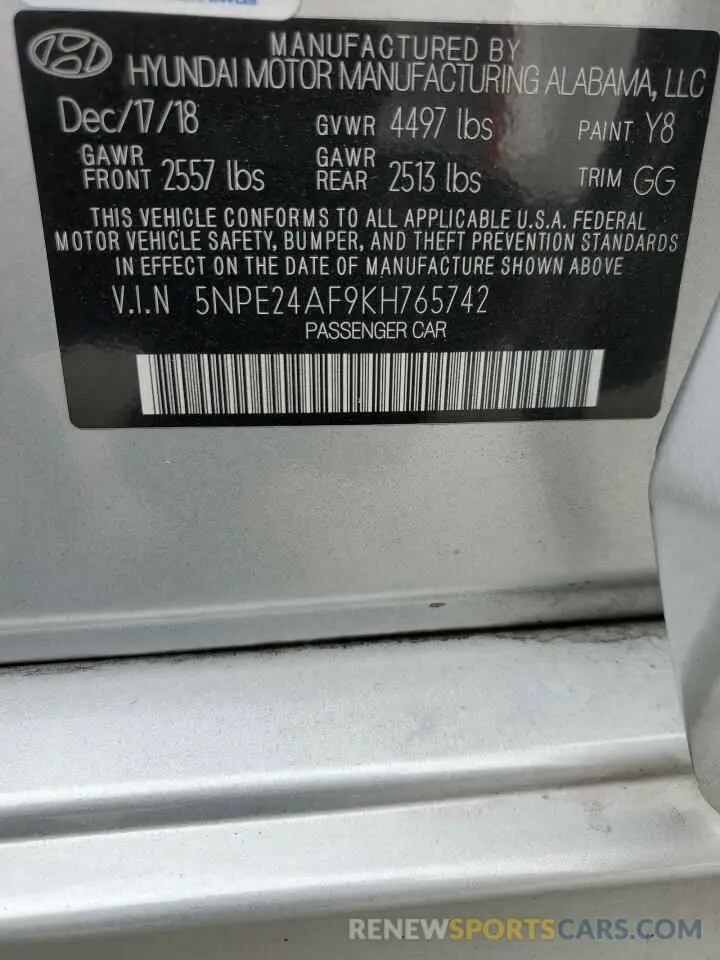 13 Фотография поврежденного автомобиля 5NPE24AF9KH765742 HYUNDAI SONATA 2019