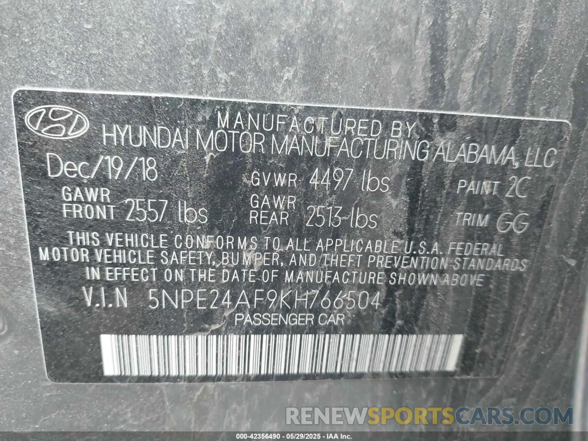 9 Фотография поврежденного автомобиля 5NPE24AF9KH766504 HYUNDAI SONATA 2019