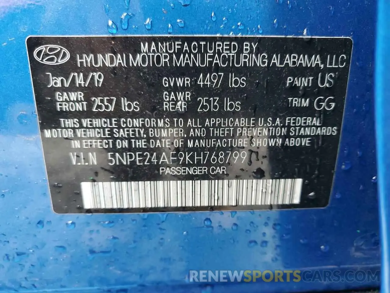 13 Photograph of a damaged car 5NPE24AF9KH768799 HYUNDAI SONATA 2019