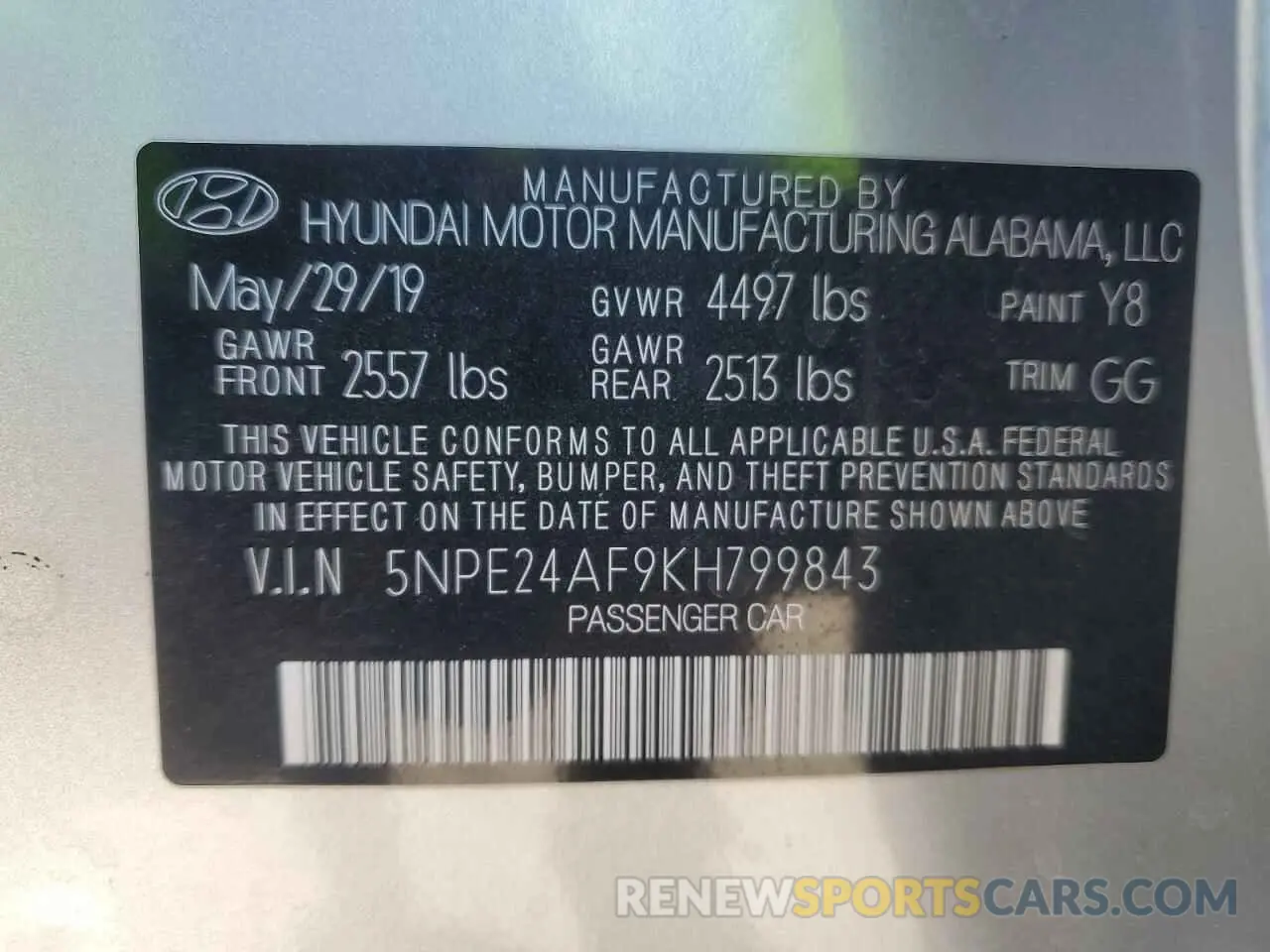 12 Photograph of a damaged car 5NPE24AF9KH799843 HYUNDAI SONATA 2019
