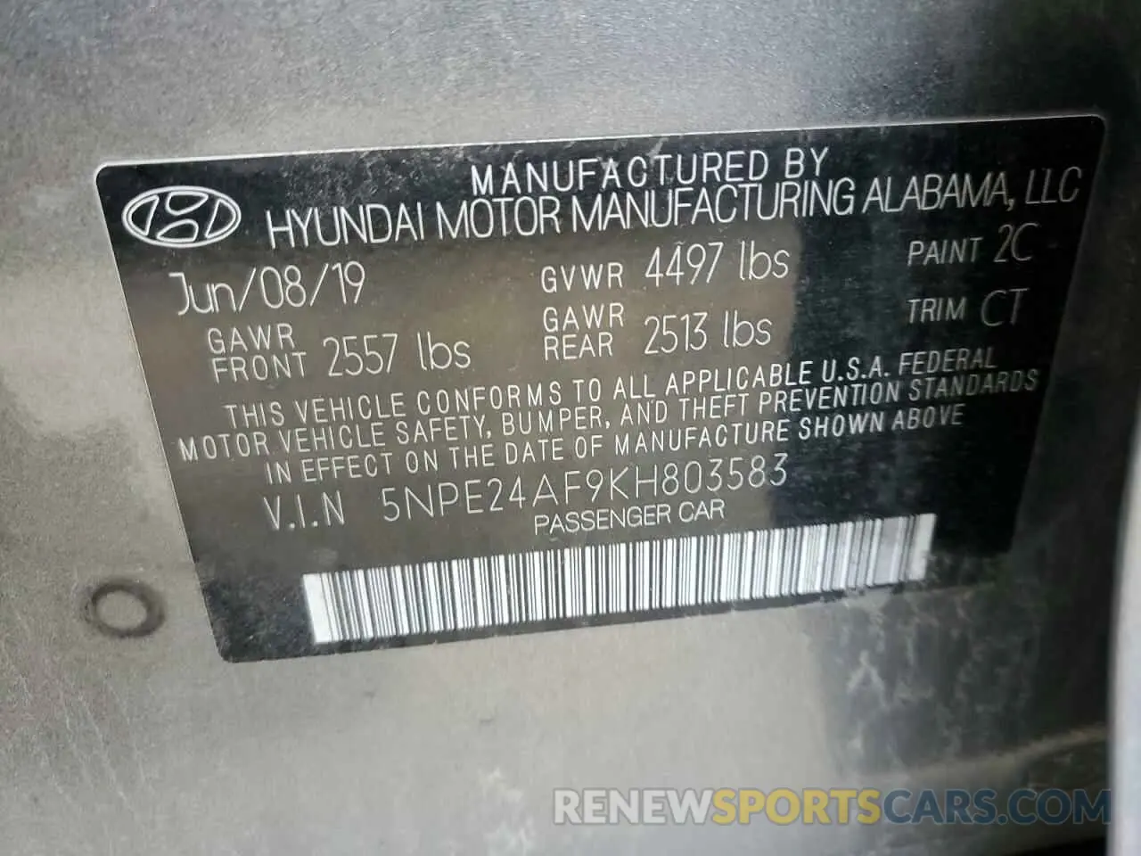 12 Photograph of a damaged car 5NPE24AF9KH803583 HYUNDAI SONATA 2019